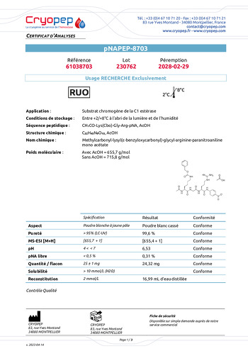 Certificat d'analyses pNAPEP-8703 Substrat chromogènes de la C1-estérase
